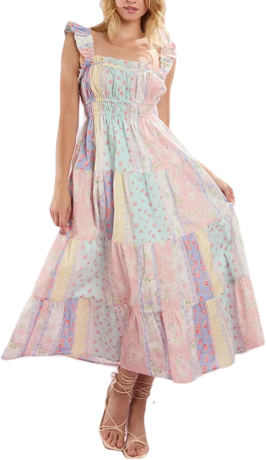 Women Y2k Floral Smocked Maxi Dress Bow Tie Shoulder Tiered Ruffle Midi Sun Dress Boho Casual Beach Long Dresses