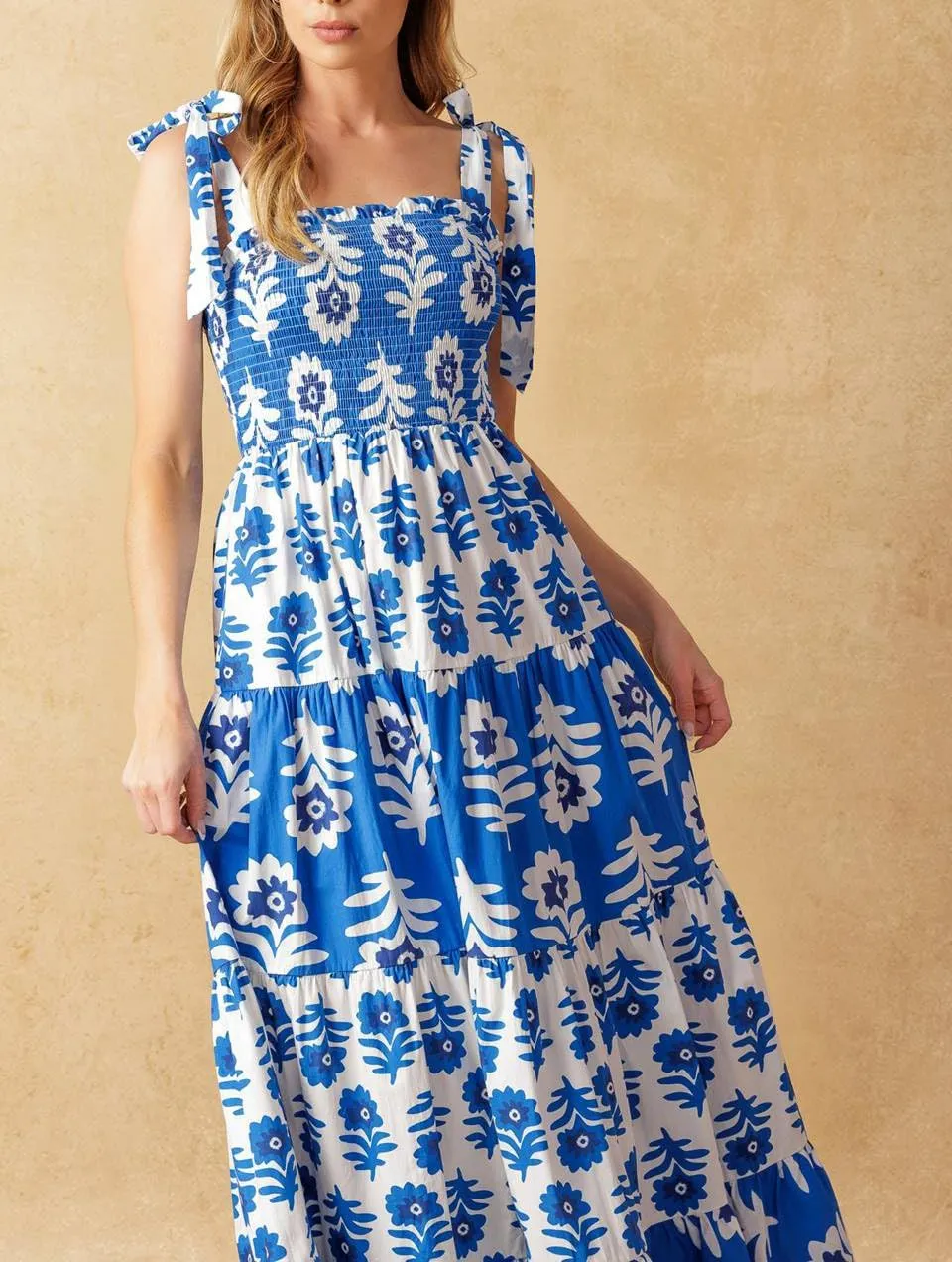 Women Y2k Floral Smocked Maxi Dress Bow Tie Shoulder Tiered Ruffle Midi Sun Dress Boho Casual Beach Long Dresses
