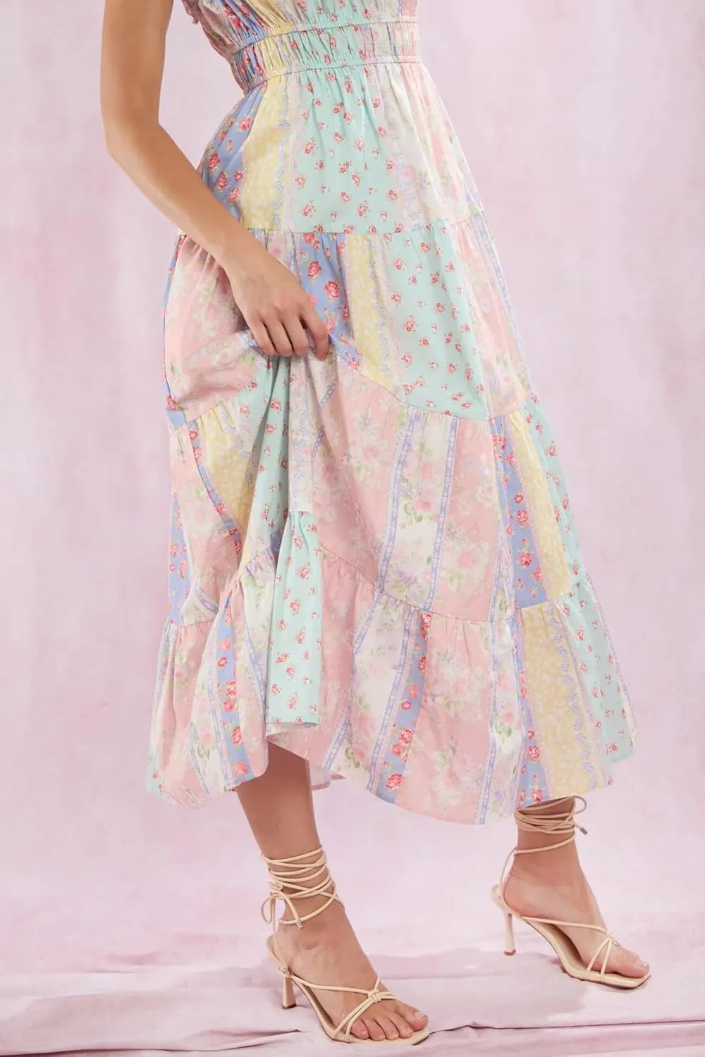 Women Y2k Floral Smocked Maxi Dress Bow Tie Shoulder Tiered Ruffle Midi Sun Dress Boho Casual Beach Long Dresses