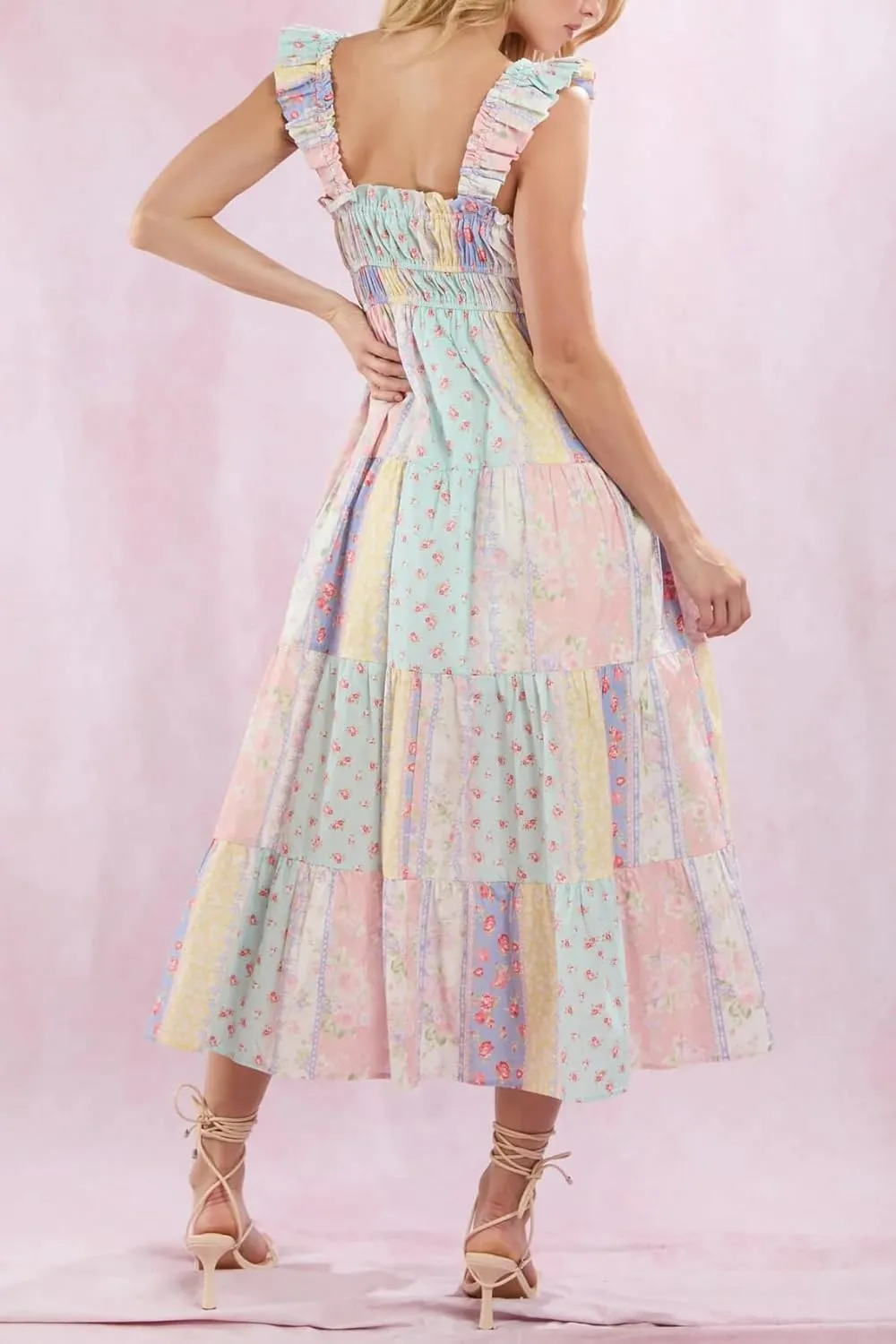 Women Y2k Floral Smocked Maxi Dress Bow Tie Shoulder Tiered Ruffle Midi Sun Dress Boho Casual Beach Long Dresses