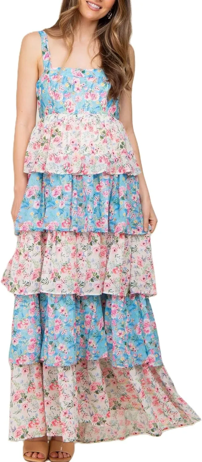 Women Y2k Floral Smocked Maxi Dress Bow Tie Shoulder Tiered Ruffle Midi Sun Dress Boho Casual Beach Long Dresses