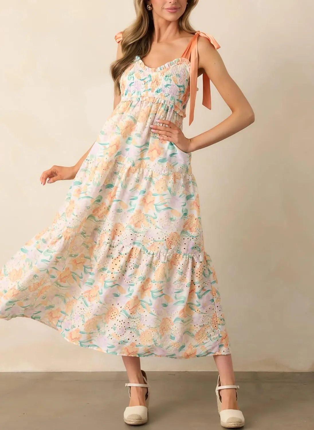 Women Y2k Floral Smocked Maxi Dress Bow Tie Shoulder Tiered Ruffle Midi Sun Dress Boho Casual Beach Long Dresses