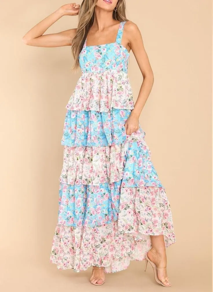 Women Y2k Floral Smocked Maxi Dress Bow Tie Shoulder Tiered Ruffle Midi Sun Dress Boho Casual Beach Long Dresses