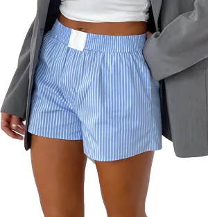 Women Y2k Vintage Boxers Shorts Elastic Waist Plaid Lounge Shorts Baggy Casual Striped Shorts Teens Streetwear
