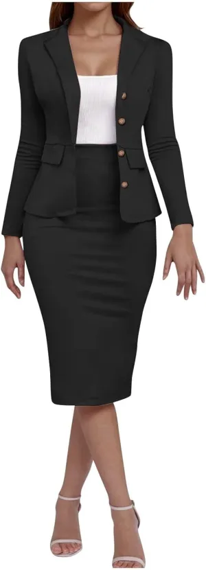 Women's 2 Piece Suit Skirt Set Business Work Jacket Long Sleeve Blazers and Midi Pencil Skirt Casual Dressy Suits