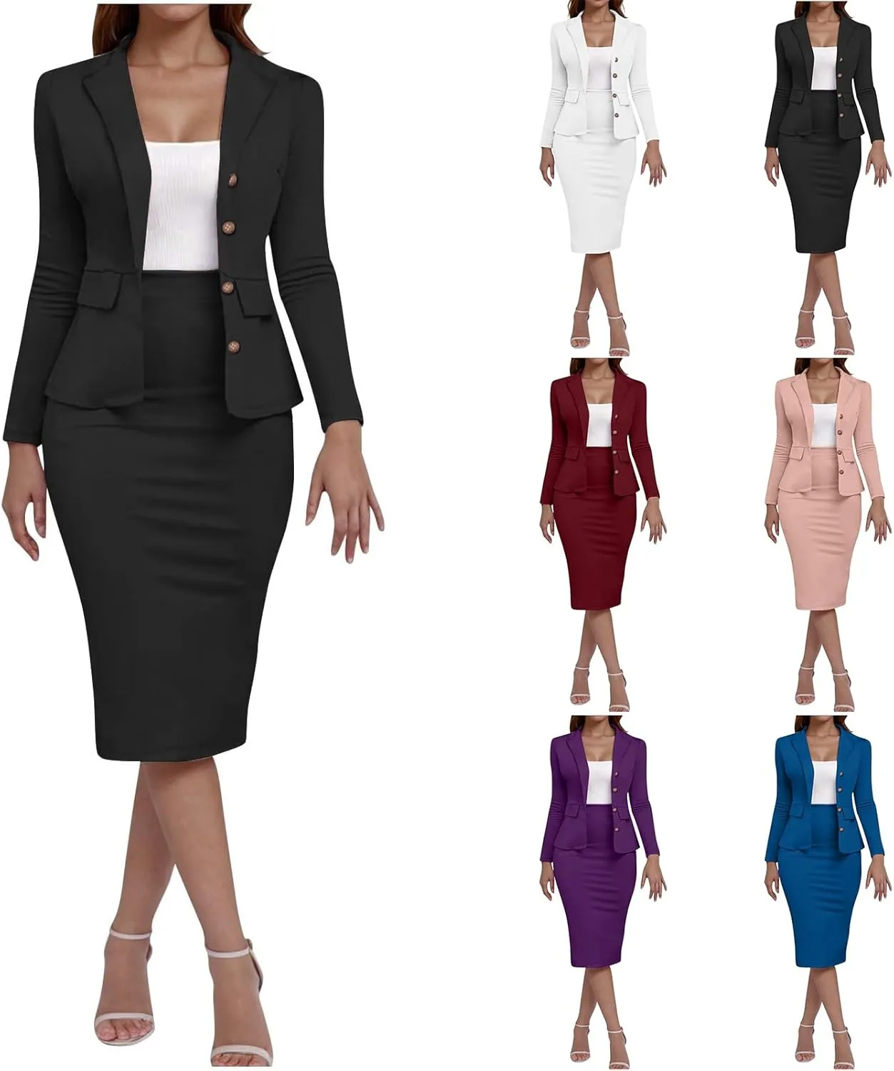 Women's 2 Piece Suit Skirt Set Business Work Jacket Long Sleeve Blazers and Midi Pencil Skirt Casual Dressy Suits