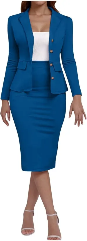 Women's 2 Piece Suit Skirt Set Business Work Jacket Long Sleeve Blazers and Midi Pencil Skirt Casual Dressy Suits