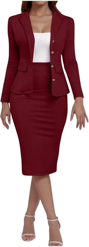 Women's 2 Piece Suit Skirt Set Business Work Jacket Long Sleeve Blazers and Midi Pencil Skirt Casual Dressy Suits