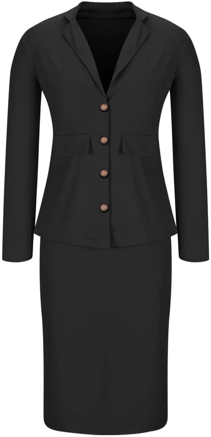 Women's 2 Piece Suit Skirt Set Business Work Jacket Long Sleeve Blazers and Midi Pencil Skirt Casual Dressy Suits