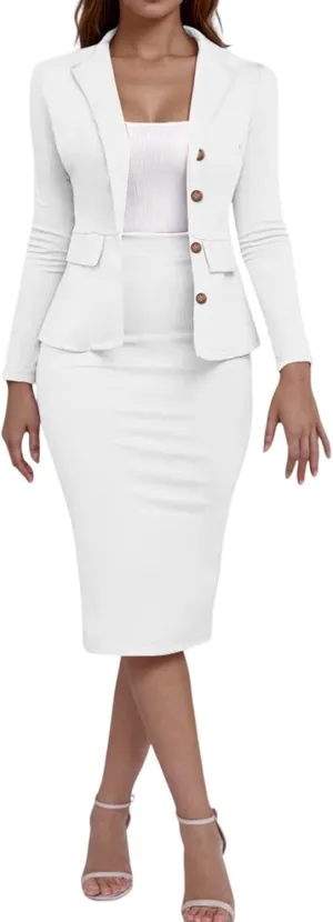Women's 2 Piece Suit Skirt Set Business Work Jacket Long Sleeve Blazers and Midi Pencil Skirt Casual Dressy Suits