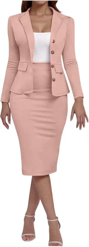 Women's 2 Piece Suit Skirt Set Business Work Jacket Long Sleeve Blazers and Midi Pencil Skirt Casual Dressy Suits