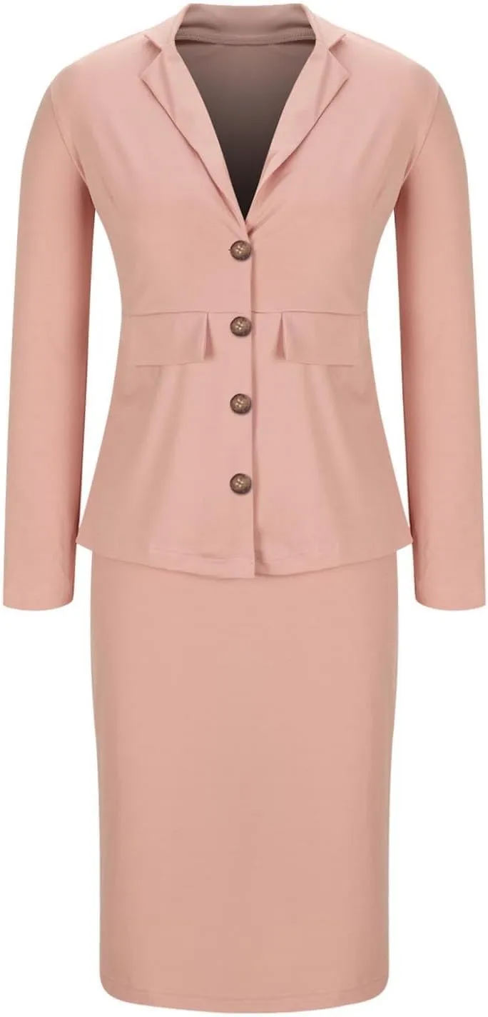 Women's 2 Piece Suit Skirt Set Business Work Jacket Long Sleeve Blazers and Midi Pencil Skirt Casual Dressy Suits