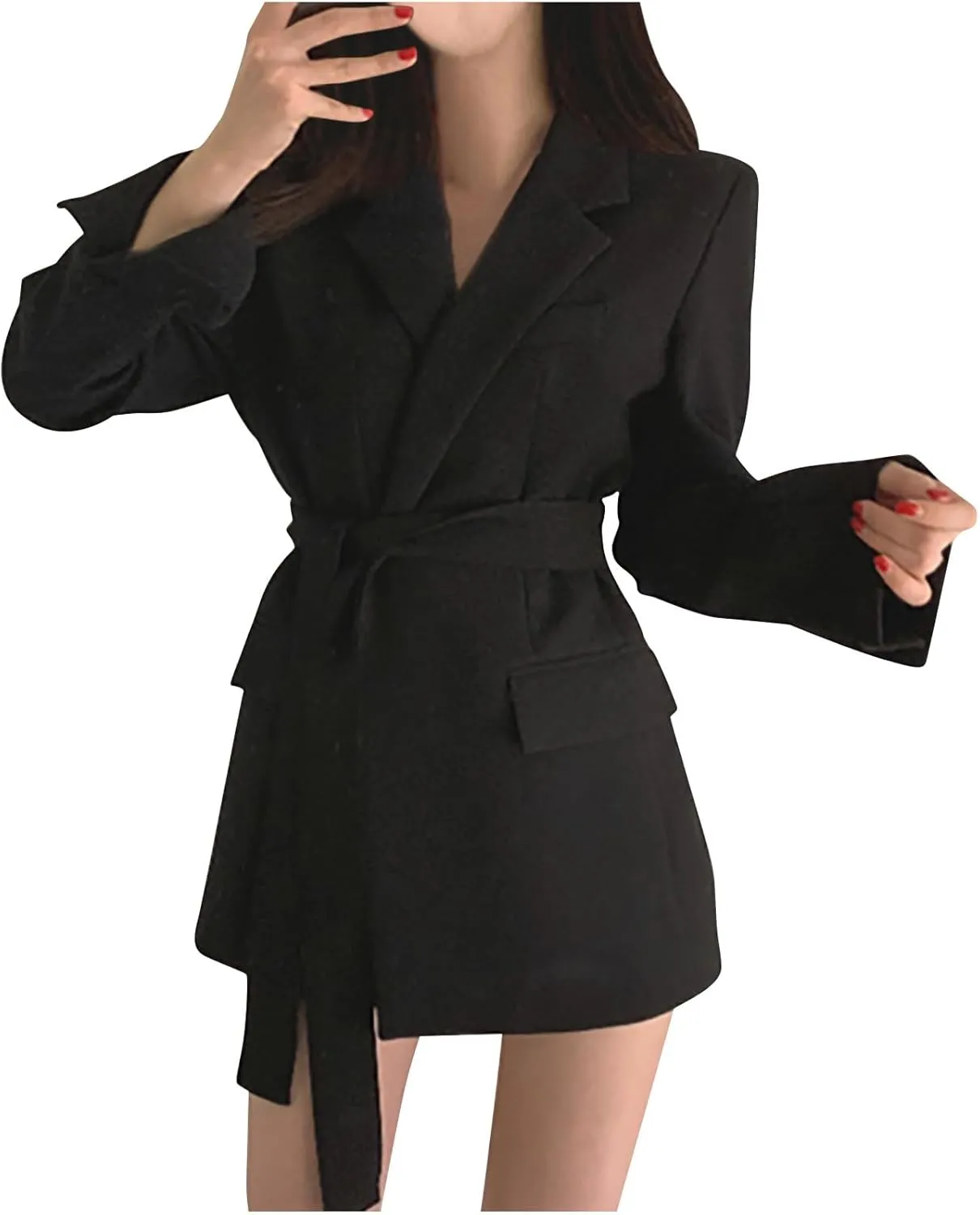 Women's 2023 Open Front Cardigan Long Sleeve Lapel Suit Jacket Trench Coat Casual Work Business Blazers with Belt