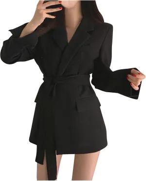 Women's 2023 Open Front Cardigan Long Sleeve Lapel Suit Jacket Trench Coat Casual Work Business Blazers with Belt