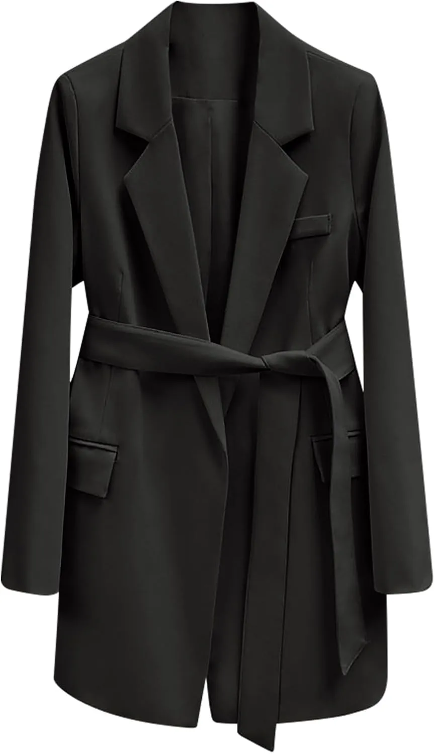 Women's 2023 Open Front Cardigan Long Sleeve Lapel Suit Jacket Trench Coat Casual Work Business Blazers with Belt