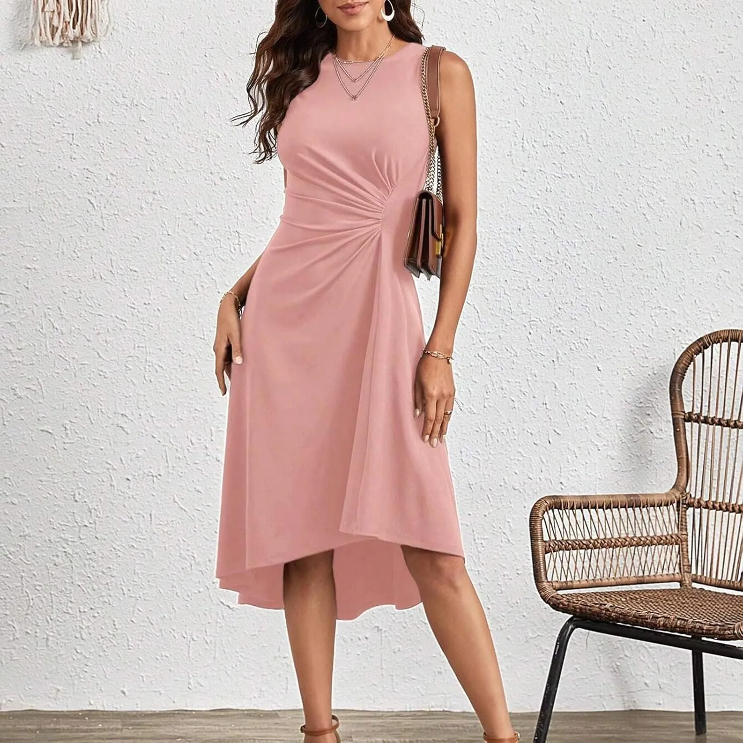 Women's 2025 Summer Sleeveless Ruched Waist Flowy A Line High Midi Dress Deep V Dress