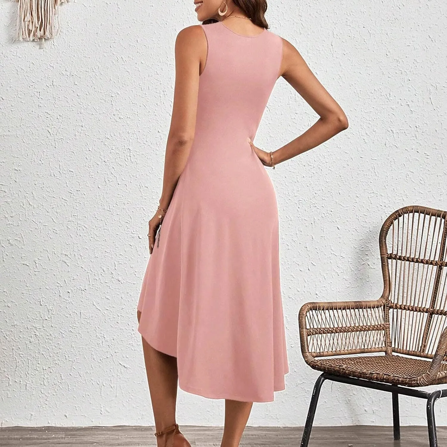 Women's 2025 Summer Sleeveless Ruched Waist Flowy A Line High Midi Dress Deep V Dress