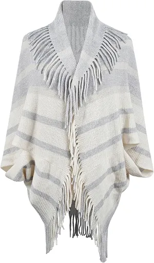 Womens Batwing Sleeve Poncho Cape, Fringe Trim Shawl Wrap Knit Open Front Cardigan Sweater Boho Cloak Fall Winter Coat