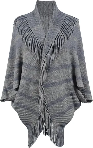 Womens Batwing Sleeve Poncho Cape, Fringe Trim Shawl Wrap Knit Open Front Cardigan Sweater Boho Cloak Fall Winter Coat