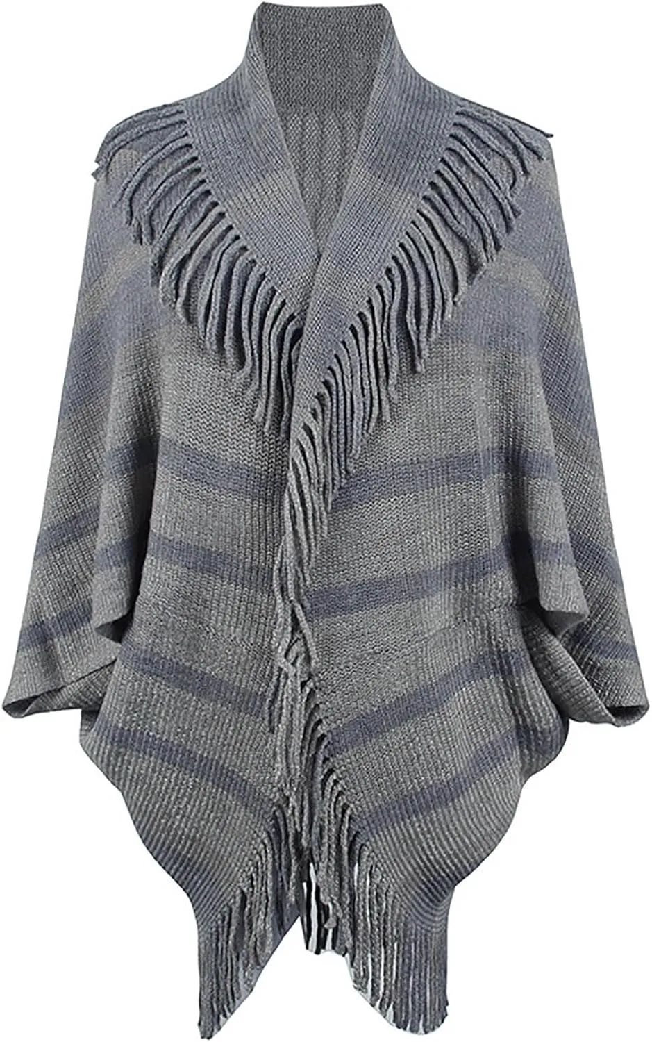 Womens Batwing Sleeve Poncho Cape, Fringe Trim Shawl Wrap Knit Open Front Cardigan Sweater Boho Cloak Fall Winter Coat