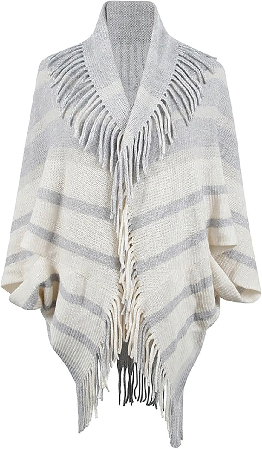 Womens Batwing Sleeve Poncho Cape, Fringe Trim Shawl Wrap Knit Open Front Cardigan Sweater Boho Cloak Fall Winter Coat