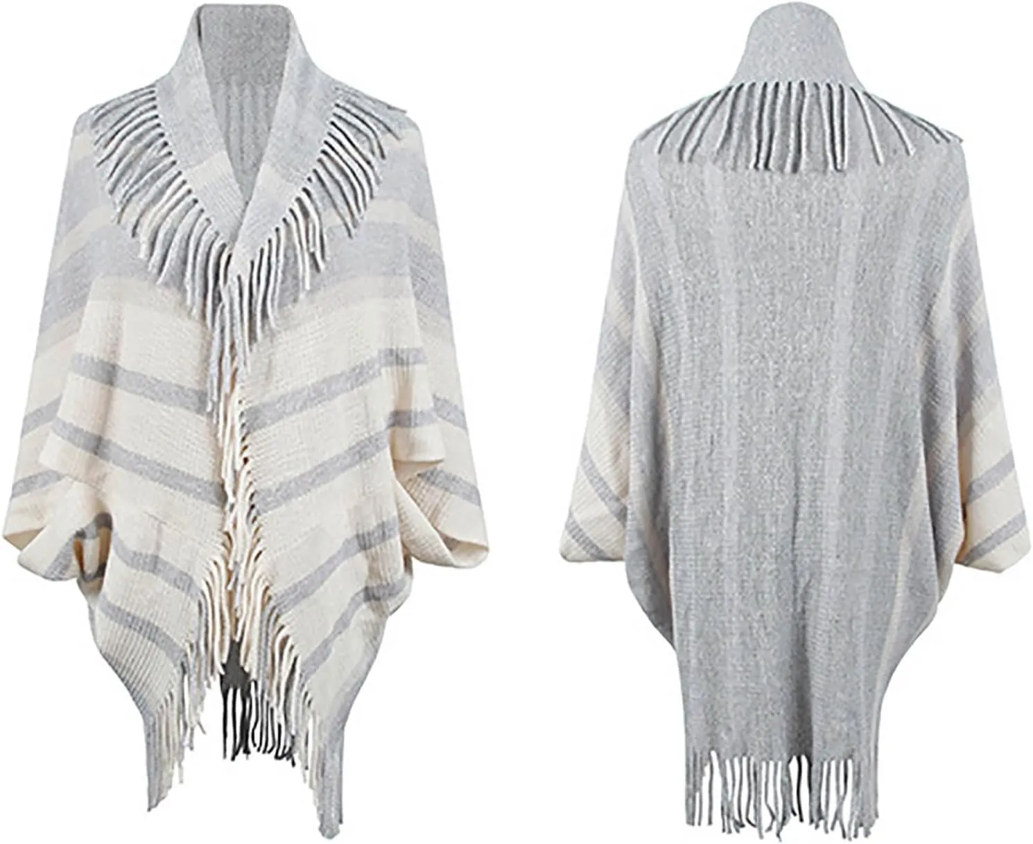 Womens Batwing Sleeve Poncho Cape, Fringe Trim Shawl Wrap Knit Open Front Cardigan Sweater Boho Cloak Fall Winter Coat