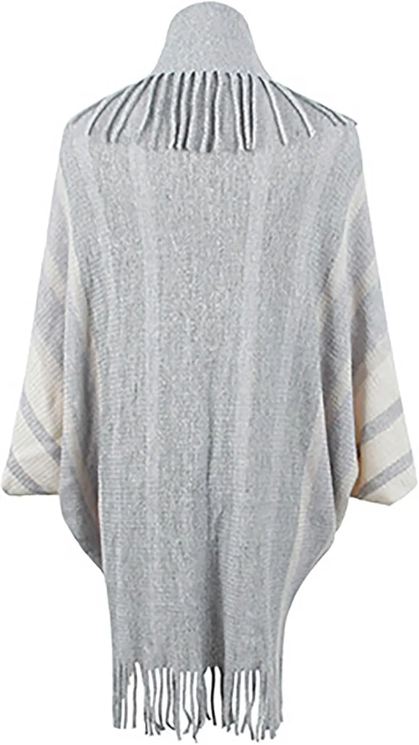Womens Batwing Sleeve Poncho Cape, Fringe Trim Shawl Wrap Knit Open Front Cardigan Sweater Boho Cloak Fall Winter Coat