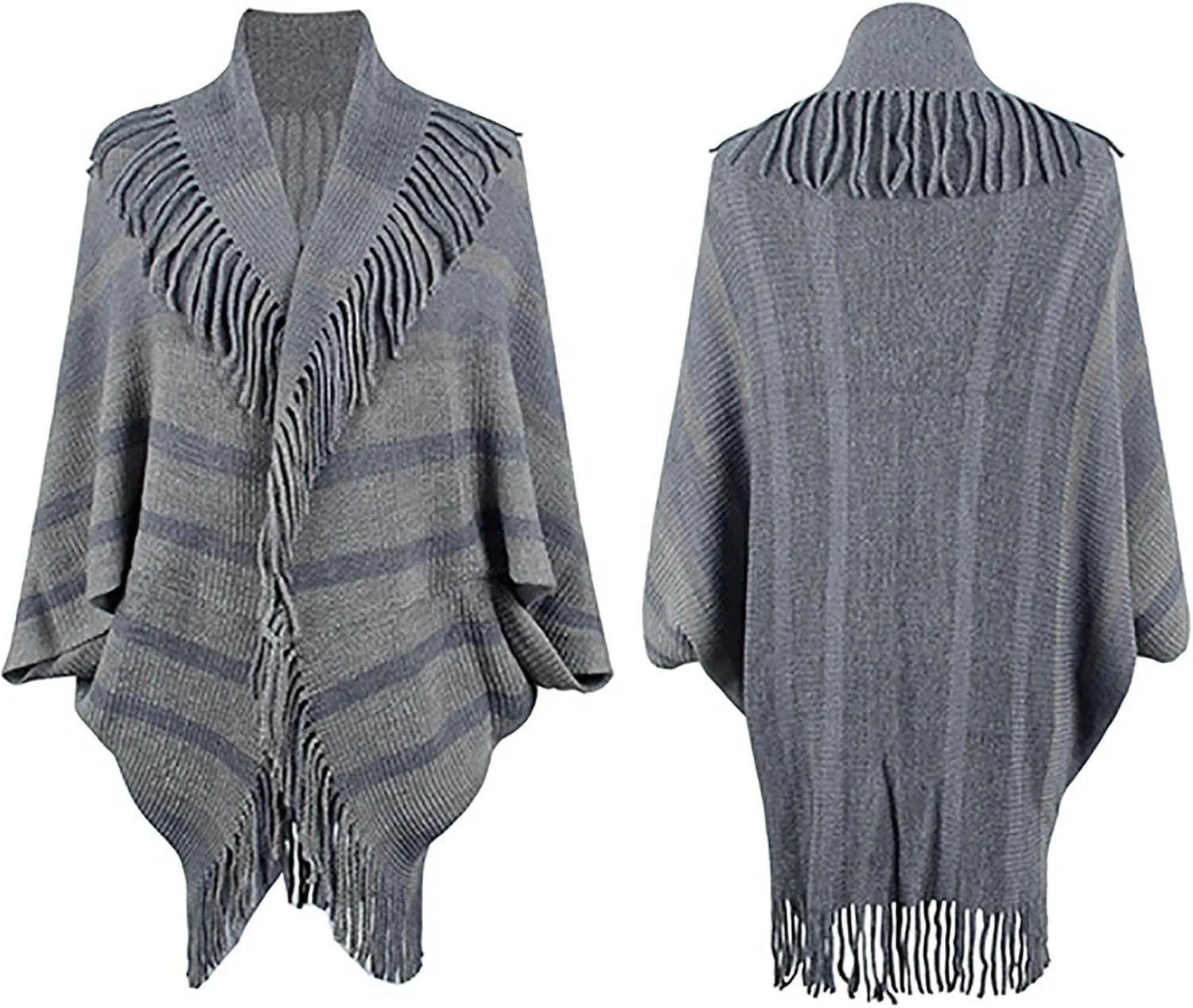 Womens Batwing Sleeve Poncho Cape, Fringe Trim Shawl Wrap Knit Open Front Cardigan Sweater Boho Cloak Fall Winter Coat