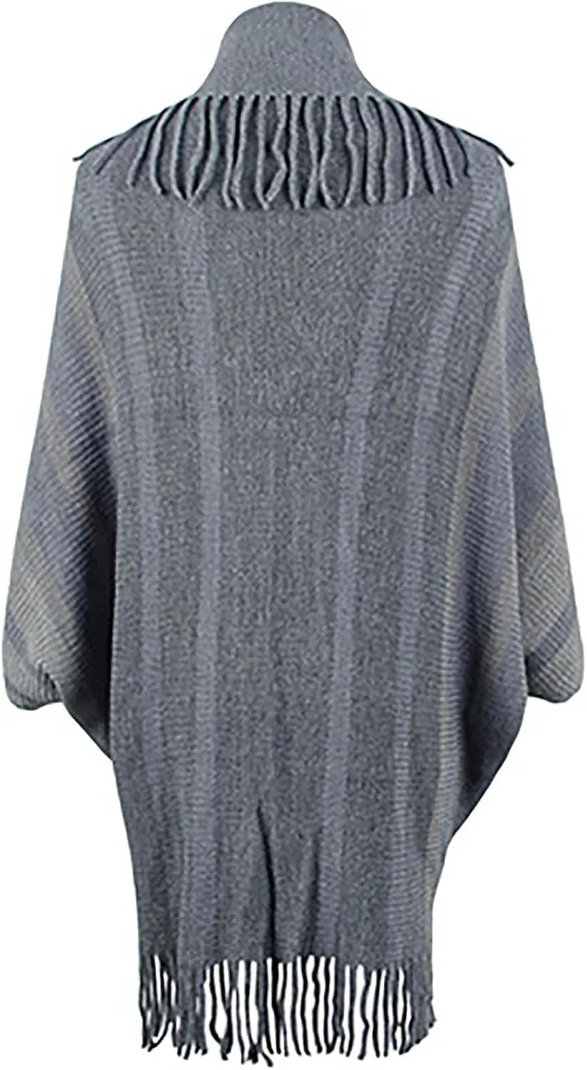 Womens Batwing Sleeve Poncho Cape, Fringe Trim Shawl Wrap Knit Open Front Cardigan Sweater Boho Cloak Fall Winter Coat