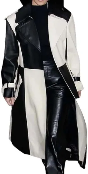 Women's Black and White Faux Leather Jacket, Belted Trench Coat Style