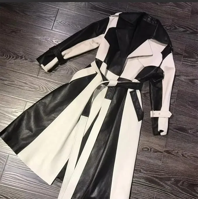 Women's Black and White Faux Leather Jacket, Belted Trench Coat Style