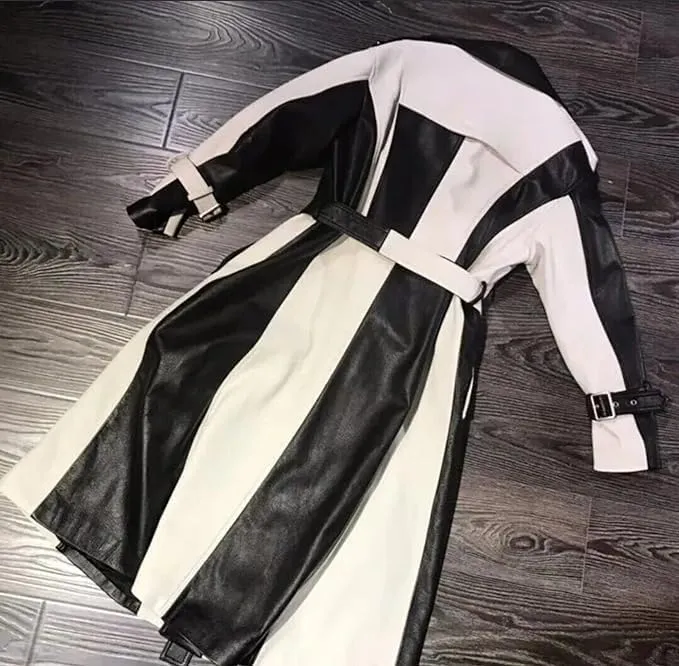 Women's Black and White Faux Leather Jacket, Belted Trench Coat Style
