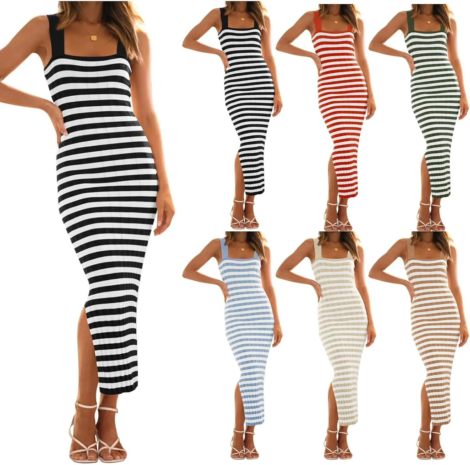 Womens Bodycon Midi Dresses Knit Striped Beach Dress Summer Casual Vacation Sundress Square Neck Sheath Dress