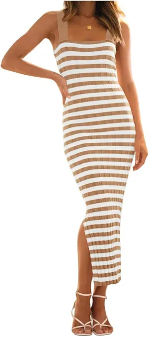 Womens Bodycon Midi Dresses Knit Striped Beach Dress Summer Casual Vacation Sundress Square Neck Sheath Dress