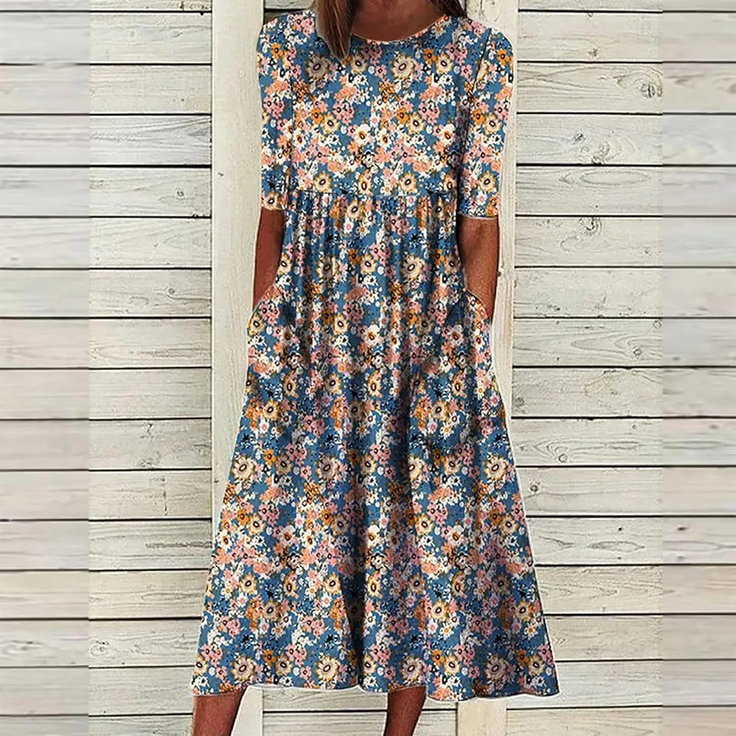 Womens Boho Dress Plus Size Casual Summer Short Sleeve Dresses Beach Maxi Dress Floral Pleated Long Dress Tunic Shirt