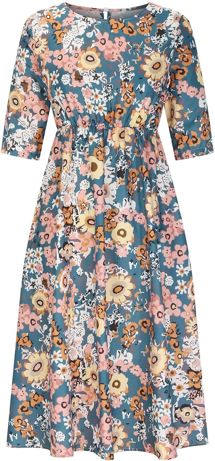 Womens Boho Dress Plus Size Casual Summer Short Sleeve Dresses Beach Maxi Dress Floral Pleated Long Dress Tunic Shirt