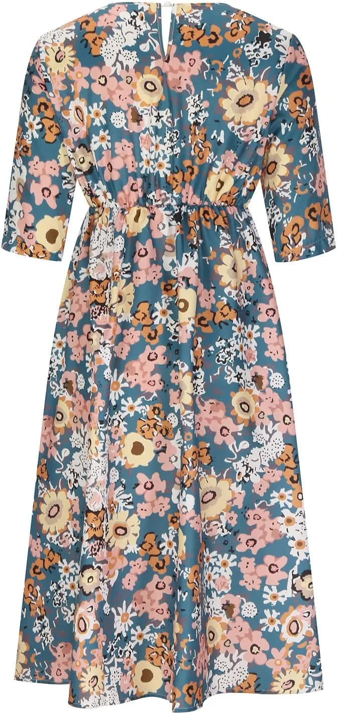 Womens Boho Dress Plus Size Casual Summer Short Sleeve Dresses Beach Maxi Dress Floral Pleated Long Dress Tunic Shirt