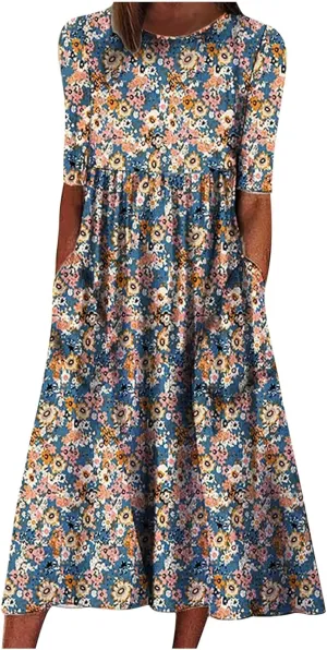 Womens Boho Dress Plus Size Casual Summer Short Sleeve Dresses Beach Maxi Dress Floral Pleated Long Dress Tunic Shirt
