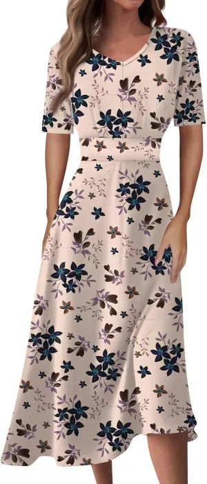 Womens Boho Dresses Short Sleeve V Neck Casual Dresses Elegant Long Flowy Dresses for Women Summer Shirt Dresses