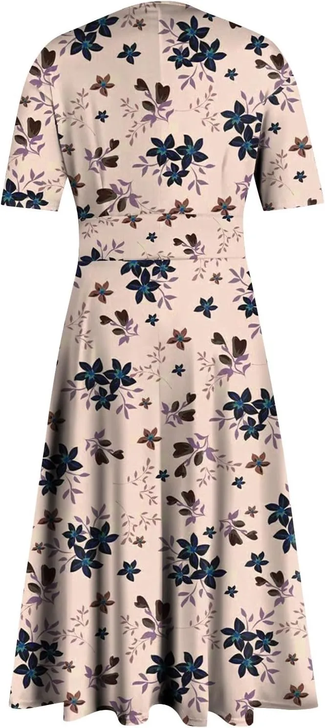 Womens Boho Dresses Short Sleeve V Neck Casual Dresses Elegant Long Flowy Dresses for Women Summer Shirt Dresses