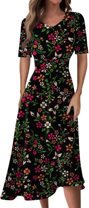 Womens Boho Dresses Short Sleeve V Neck Casual Dresses Elegant Long Flowy Dresses for Women Summer Shirt Dresses