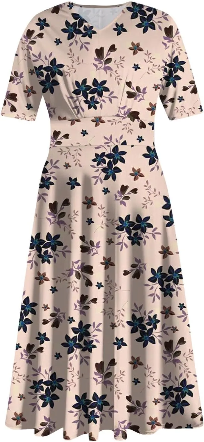 Womens Boho Dresses Short Sleeve V Neck Casual Dresses Elegant Long Flowy Dresses for Women Summer Shirt Dresses
