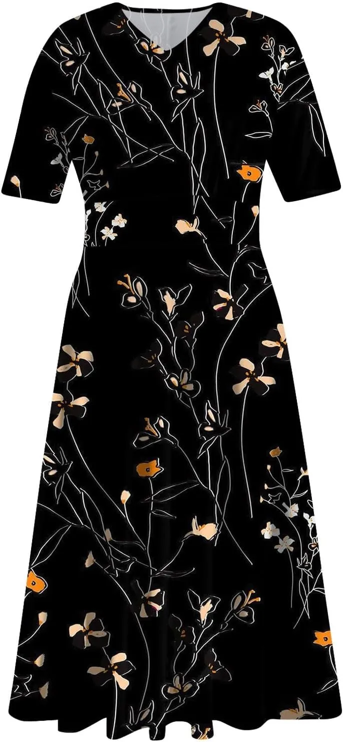 Womens Boho Dresses Short Sleeve V Neck Casual Dresses Elegant Long Flowy Dresses for Women Summer Shirt Dresses