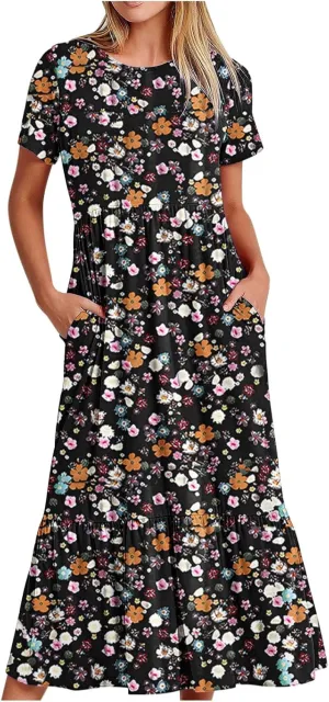 Womens Boho Floral Dresses with Pockets Casual Short Sleeve Crewneck Swing Ruffle Maxi Dress 2025 Summer Sundresses