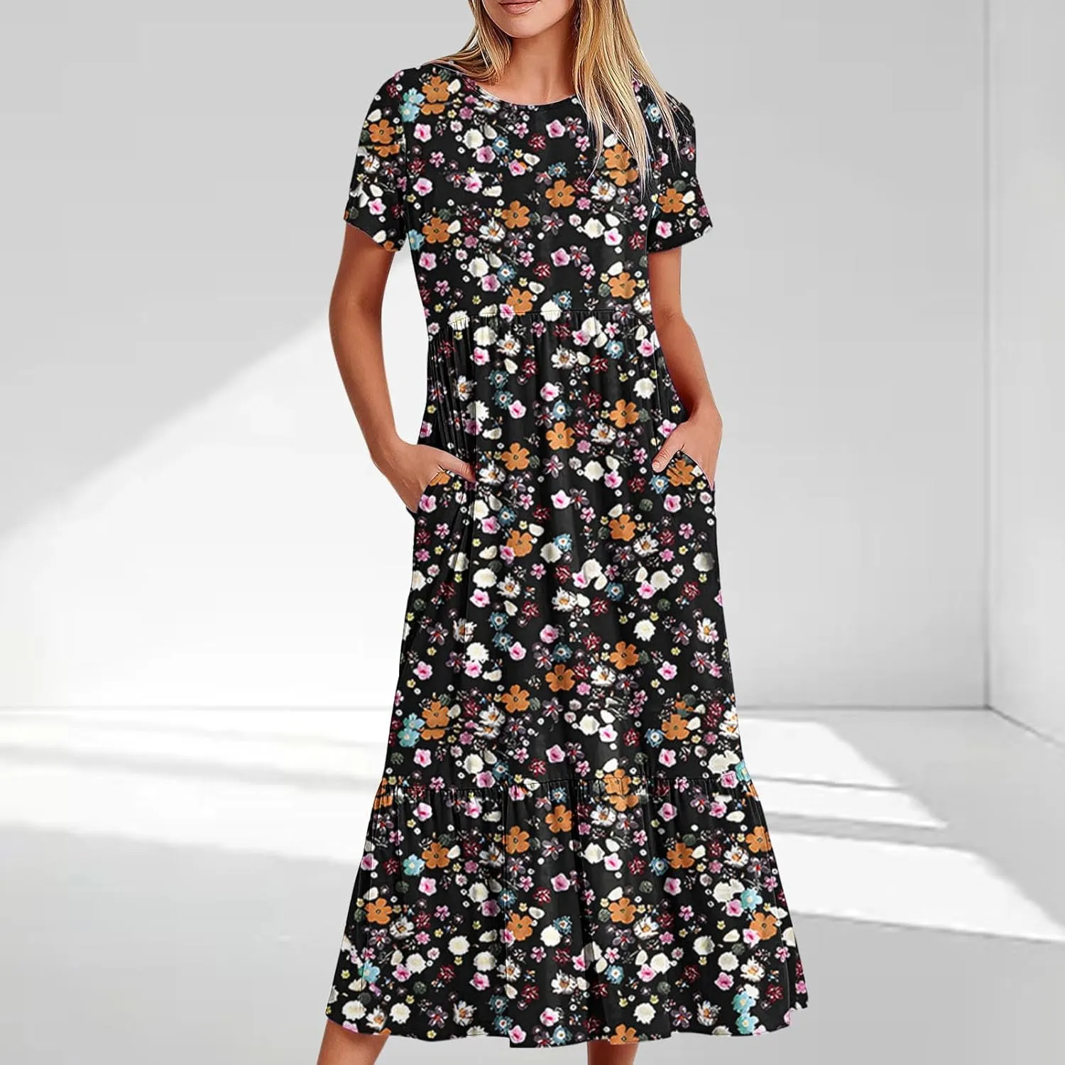 Womens Boho Floral Dresses with Pockets Casual Short Sleeve Crewneck Swing Ruffle Maxi Dress 2025 Summer Sundresses