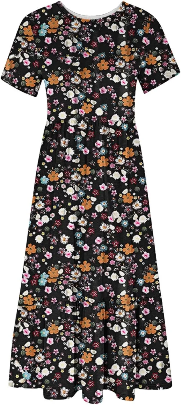 Womens Boho Floral Dresses with Pockets Casual Short Sleeve Crewneck Swing Ruffle Maxi Dress 2025 Summer Sundresses