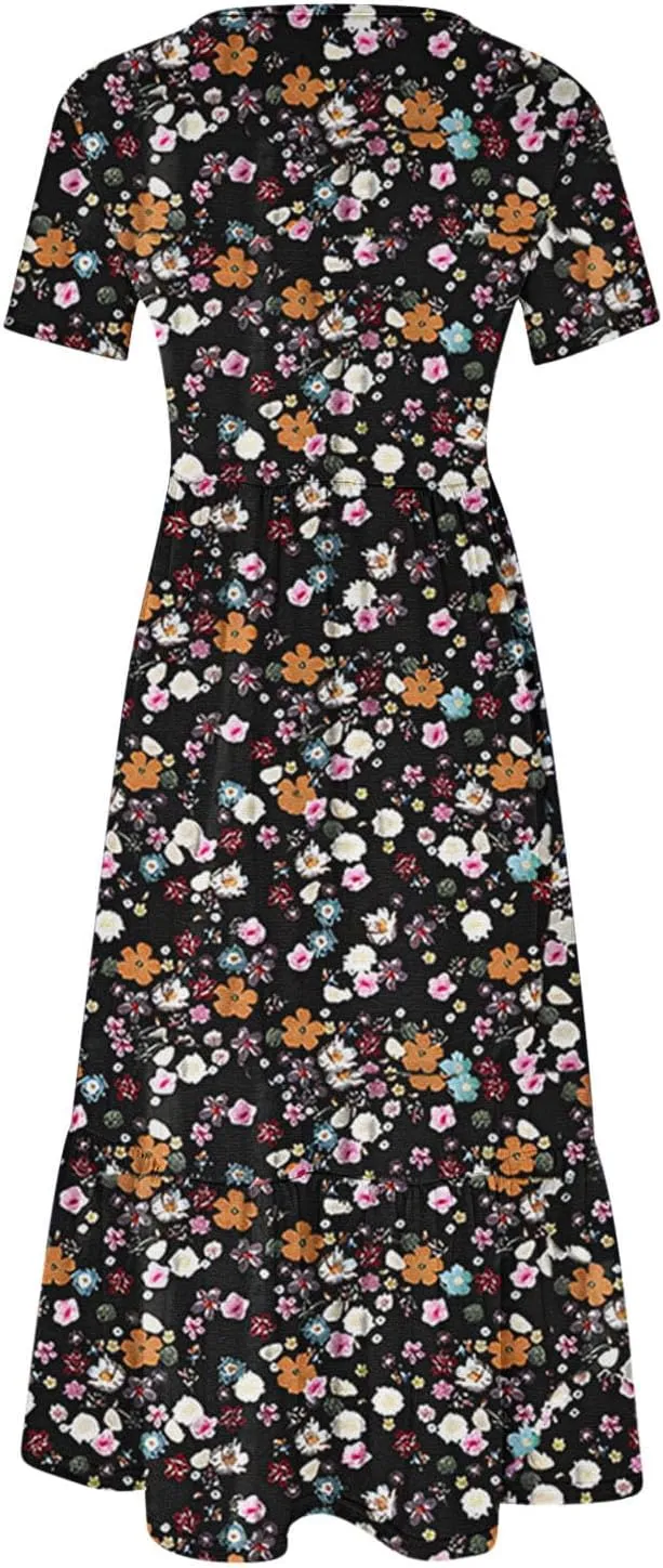 Womens Boho Floral Dresses with Pockets Casual Short Sleeve Crewneck Swing Ruffle Maxi Dress 2025 Summer Sundresses
