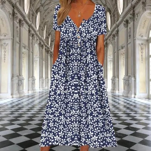 Women's Boho Floral Maxi Dress, Elegant V-Neck 3/4 Sleeve Boho Casual Dress with Pockets for Women