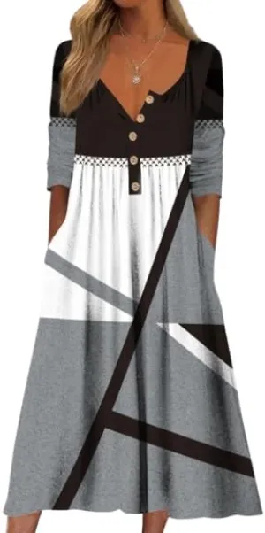 Women's Boho Floral Maxi Dress, Elegant V-Neck 3/4 Sleeve Boho Casual Dress with Pockets for Women