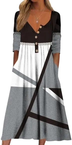 Women's Boho Floral Maxi Dress, Elegant V-Neck 3/4 Sleeve Boho Casual Dress with Pockets for Women